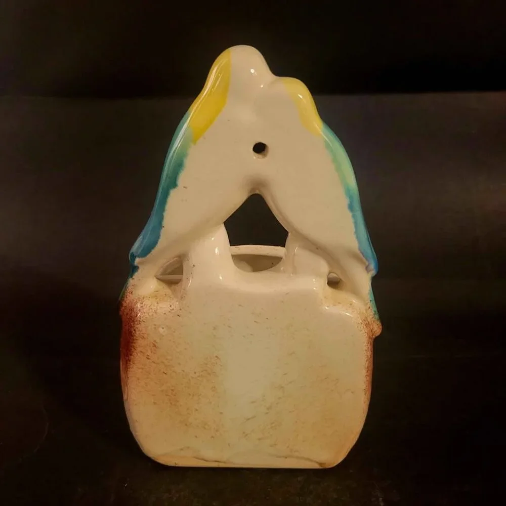 Two Lovebirds Or Parakeets Perched Together On A Tree Trunk Wall Pocket 1950's